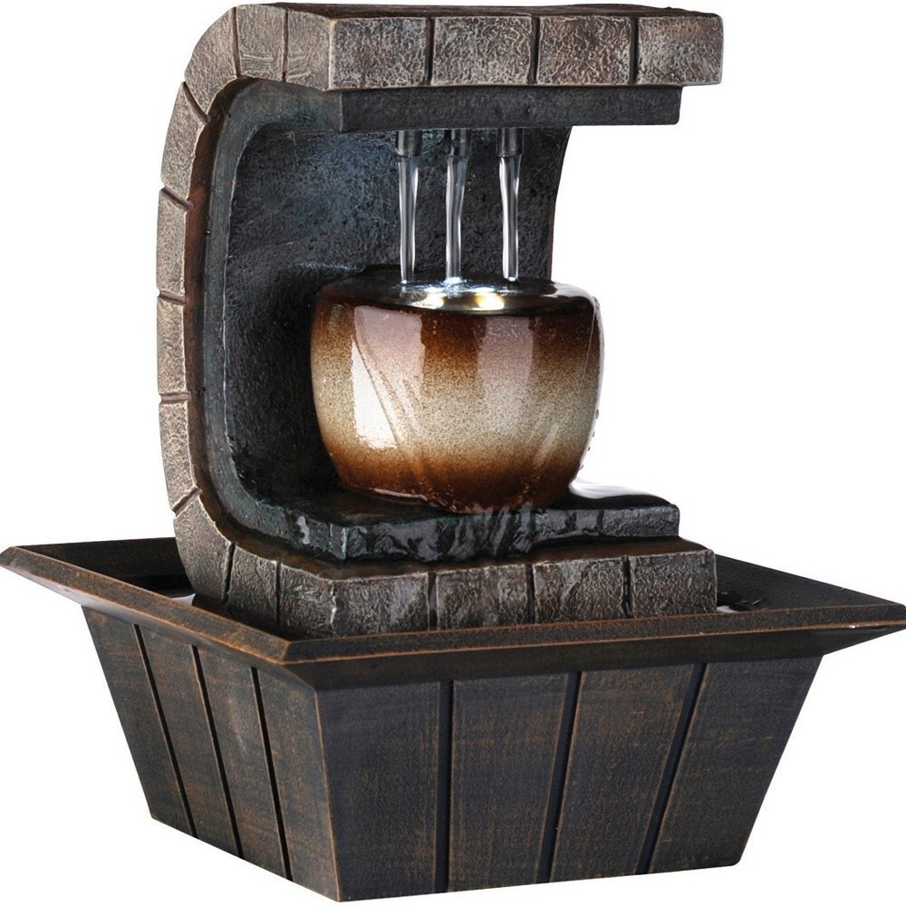 10"" Brown Textured Polyresin Tabletop Fountain With Led Light