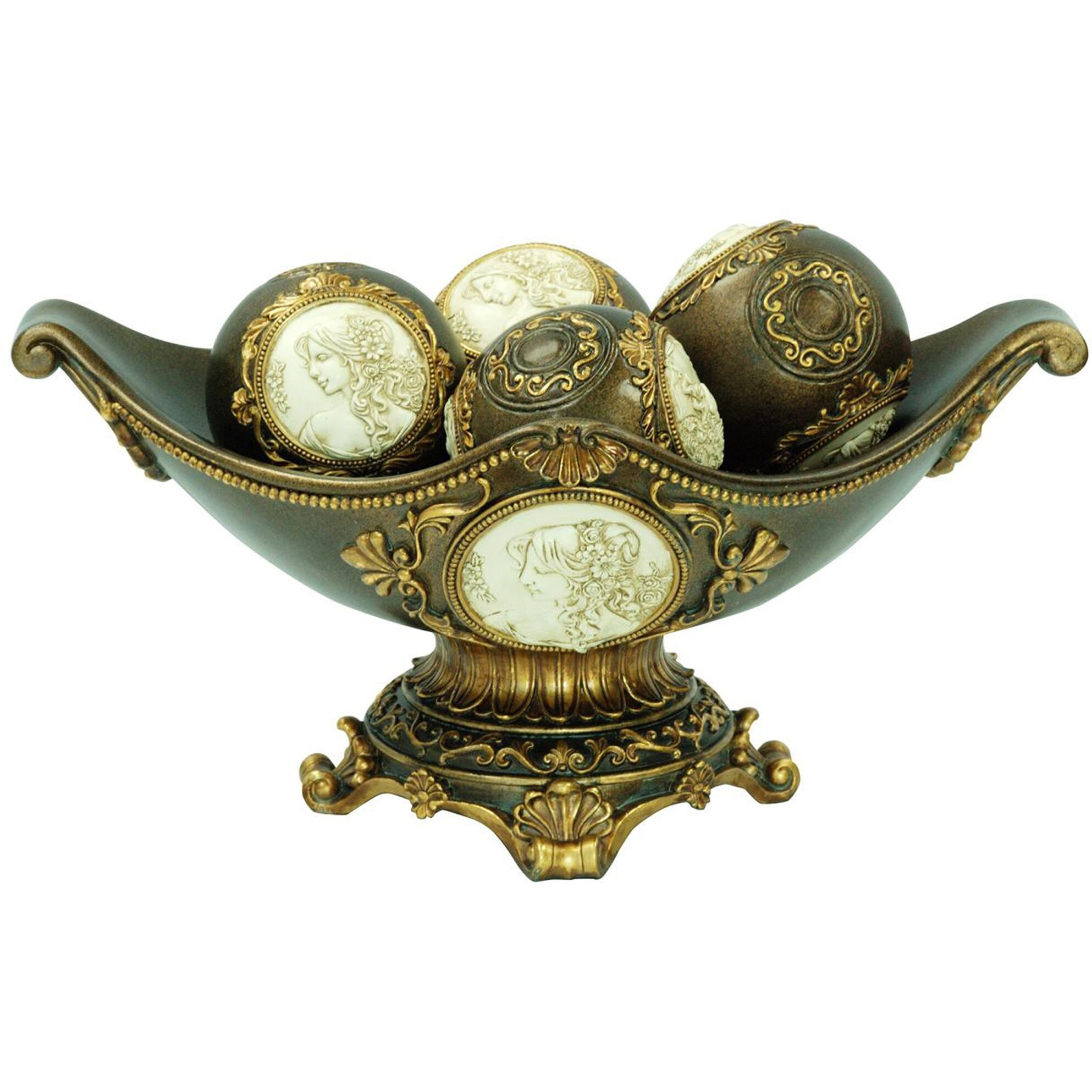 8"" Bronze Polyresin Classical Greek Decorative Bowl With Orbs