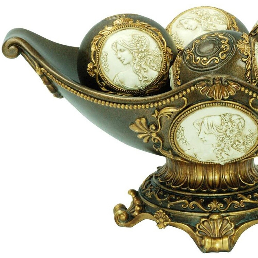 8"" Bronze Polyresin Classical Greek Decorative Bowl With Orbs