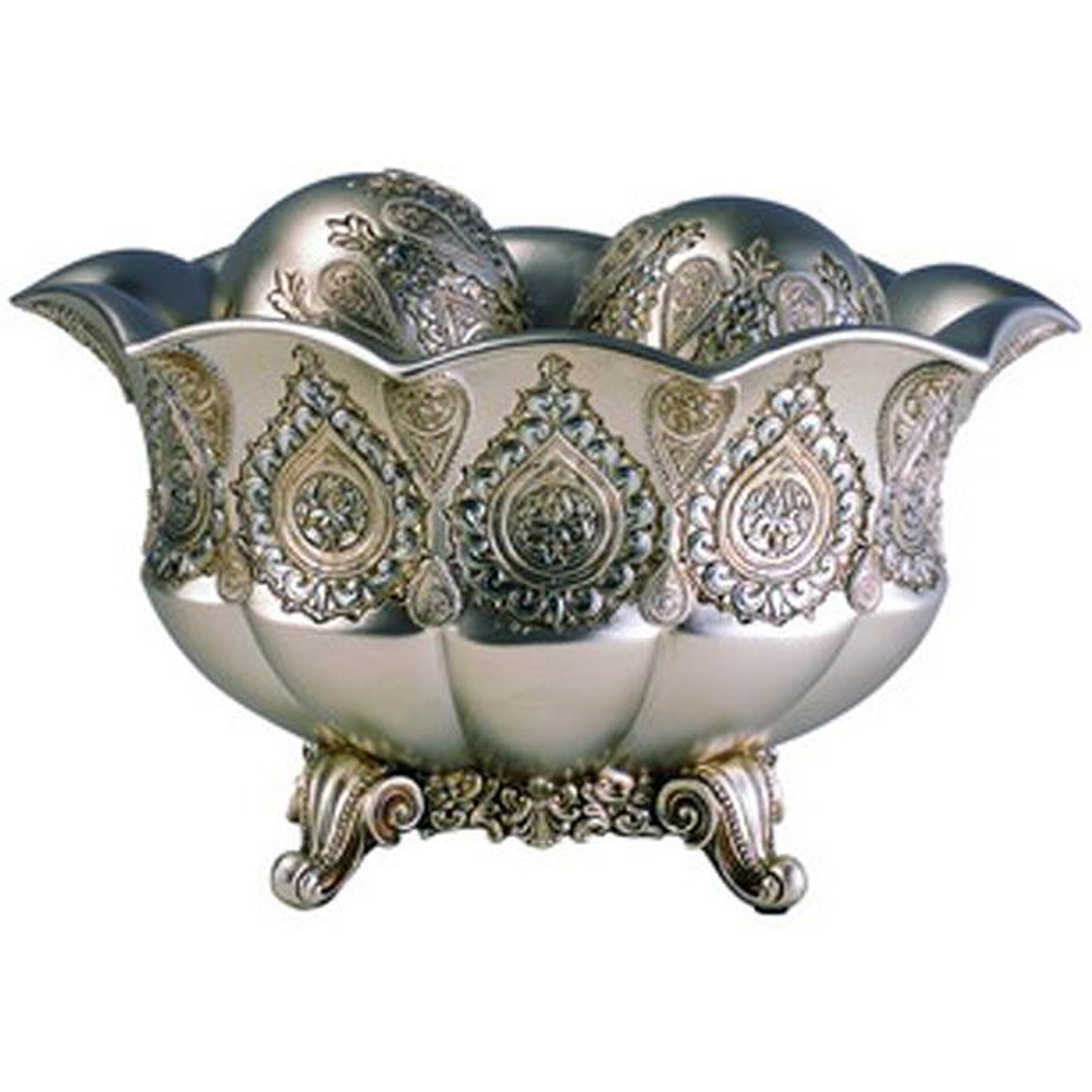 7"" Silver Scalloped Design Polyresin Decorative Bowl With Orbs
