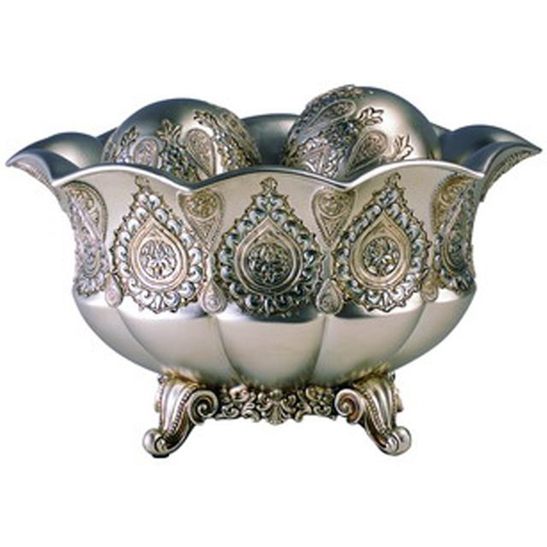 7"" Silver Scalloped Design Polyresin Decorative Bowl With Orbs