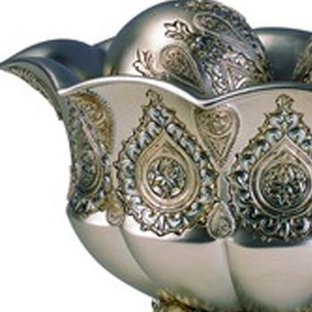 7"" Silver Scalloped Design Polyresin Decorative Bowl With Orbs