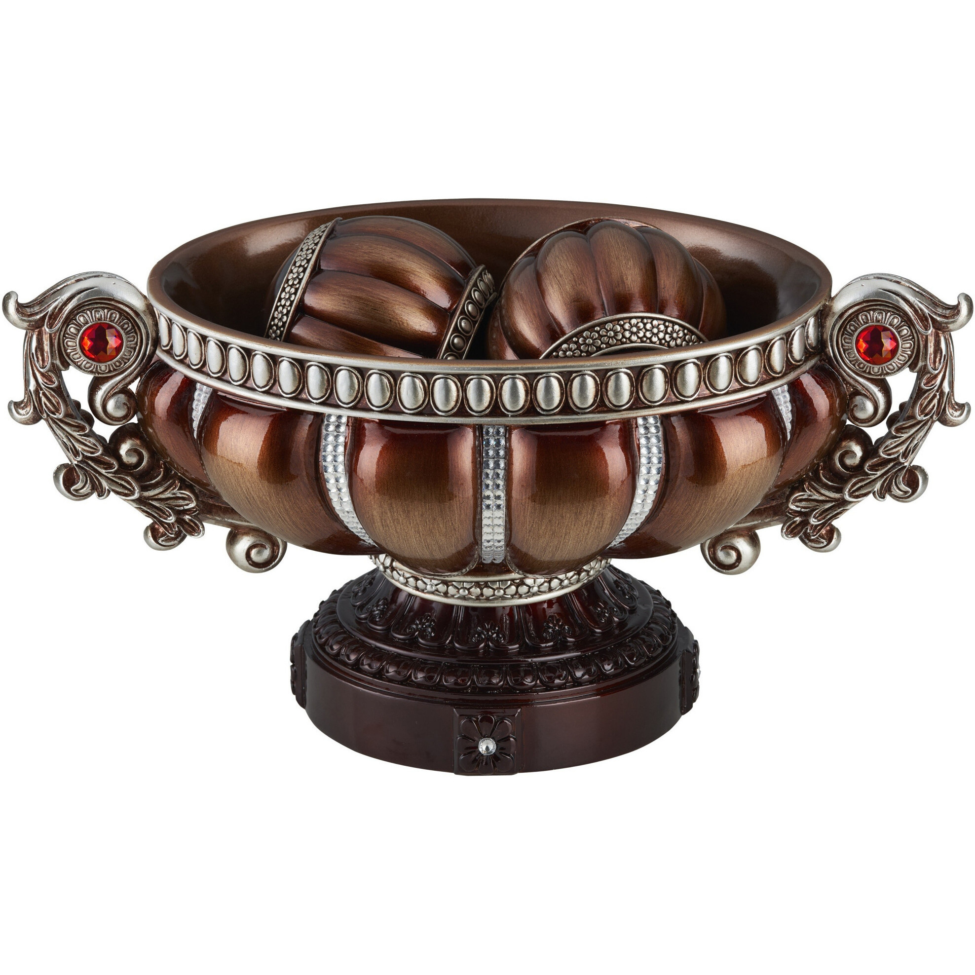 9"" Reddish Bronze And Silver Polyresin Decorative Bowl With Orbs