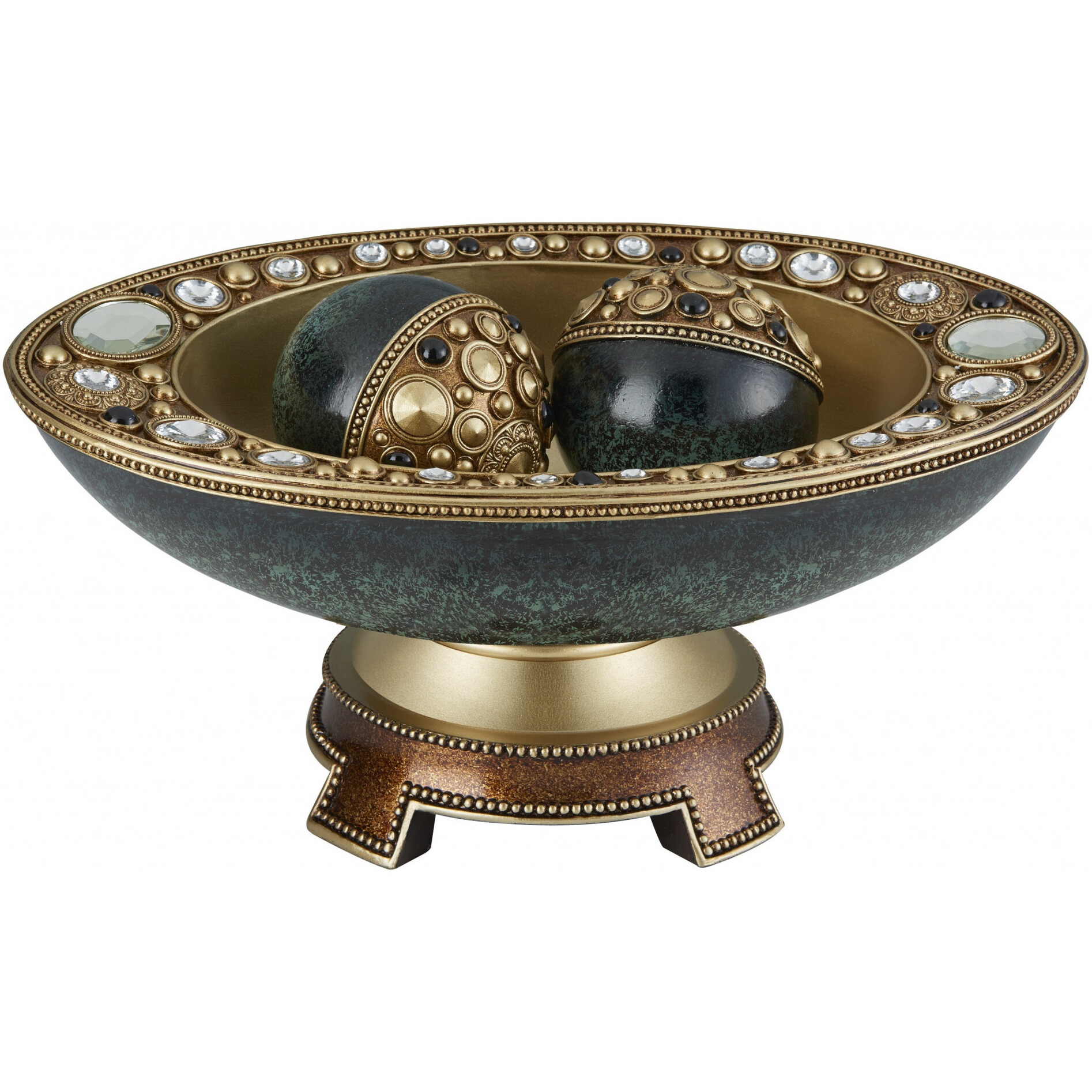 8"" Marbleized Green And Gold Polyresin Decorative Bowl With Orbs