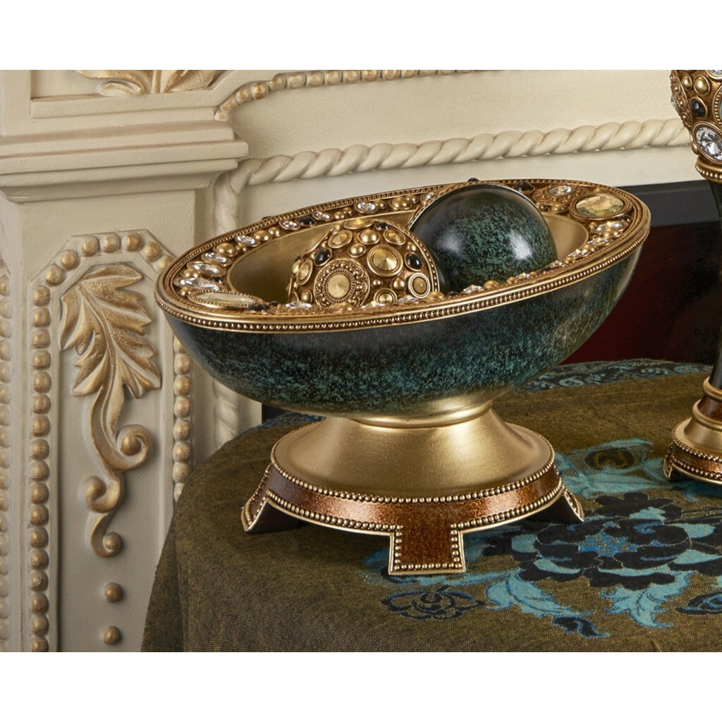 8"" Marbleized Green And Gold Polyresin Decorative Bowl With Orbs