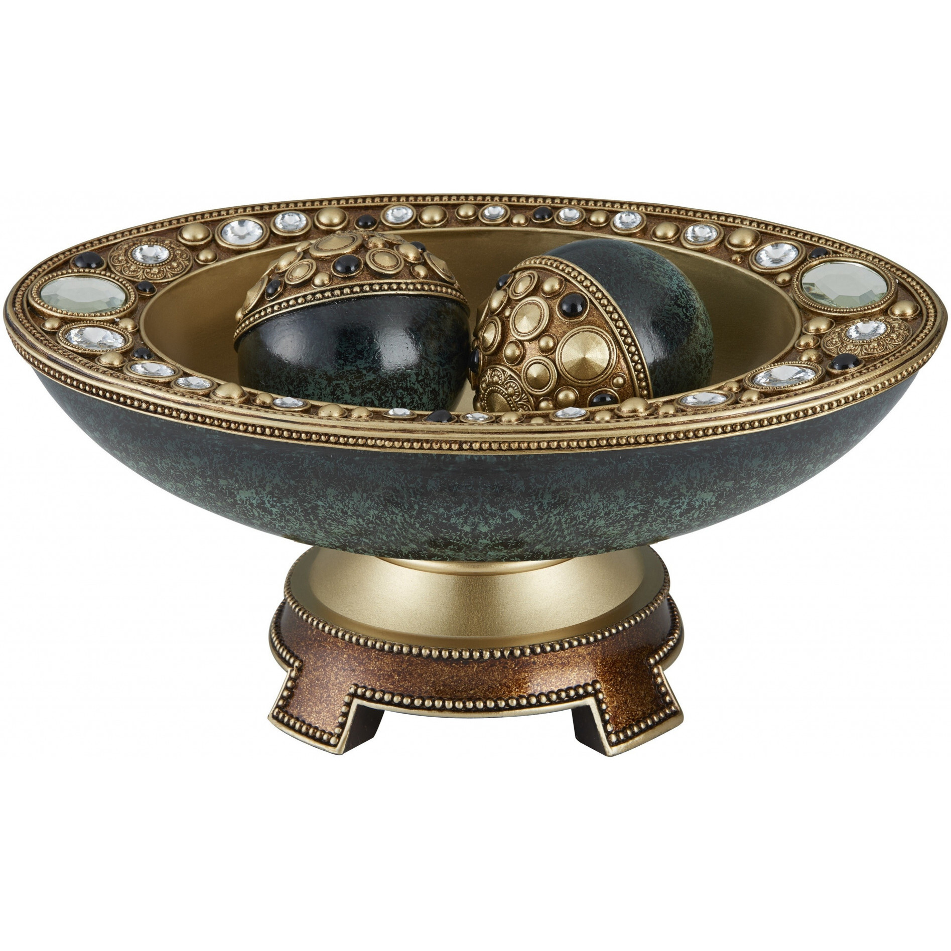 8"" Marbleized Green And Gold Polyresin Decorative Bowl With Orbs
