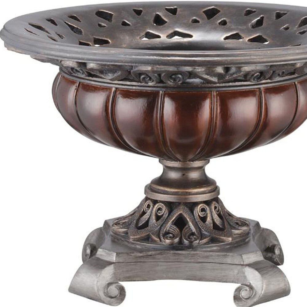 9"" Silver And Bronze Polyresin Decorative Centerpiece Pedestal Bowl