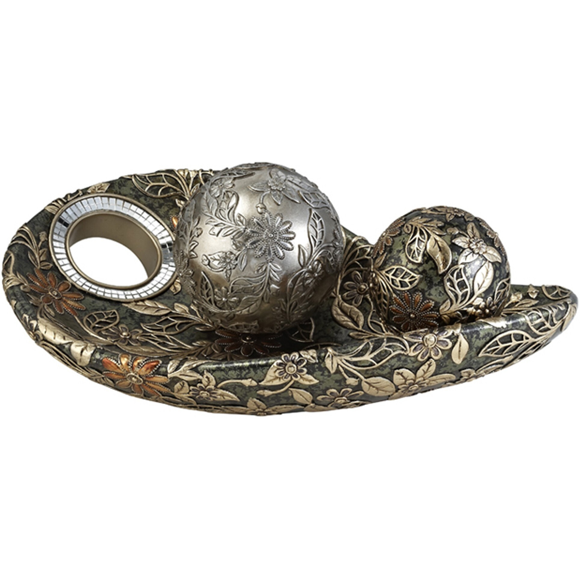 8"" Green Silver And Gold Polyresin Decorative Bowl With Orbs