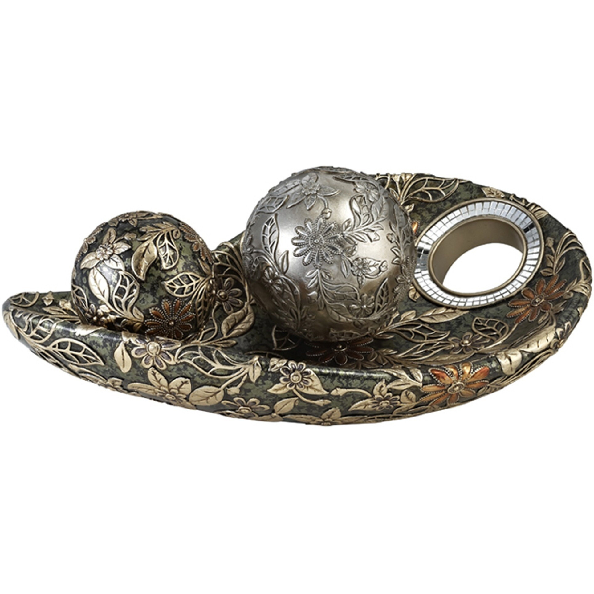 8"" Green Silver And Gold Polyresin Decorative Bowl With Orbs