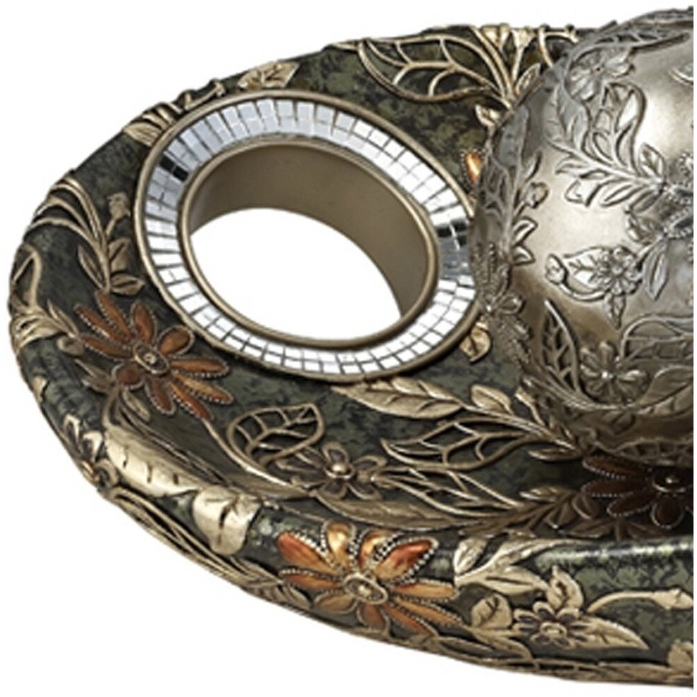 8"" Green Silver And Gold Polyresin Decorative Bowl With Orbs