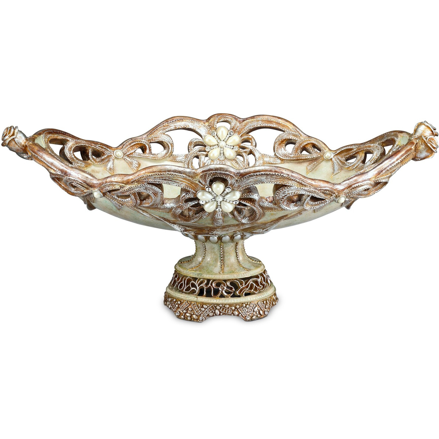 9"" Beige And Gold Polyresin Decorative Bowl