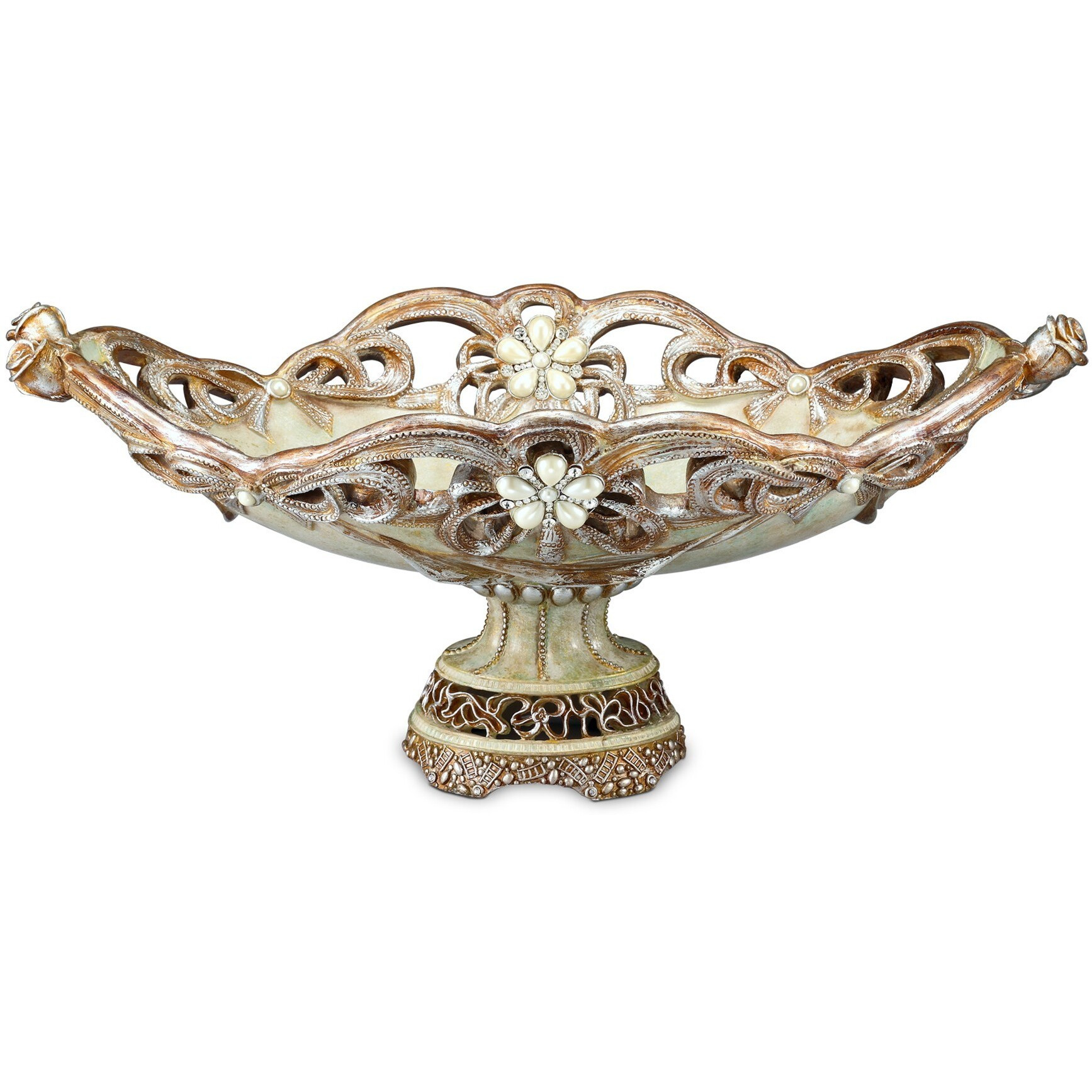 9"" Beige And Gold Polyresin Decorative Bowl