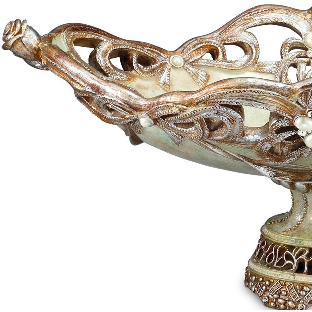 9"" Beige And Gold Polyresin Decorative Bowl