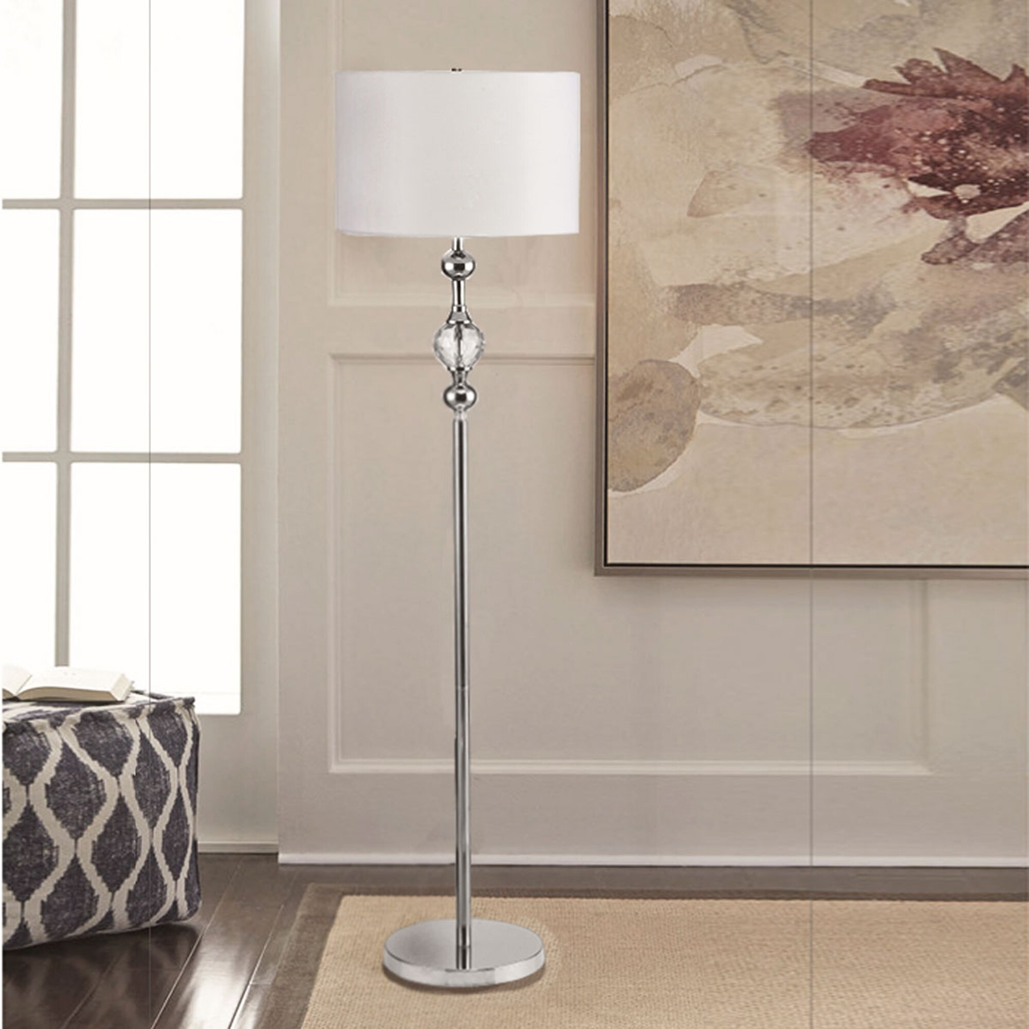 63"" Chrome And Crystal Orb Shaped Floor Lamp With White Drum Shade