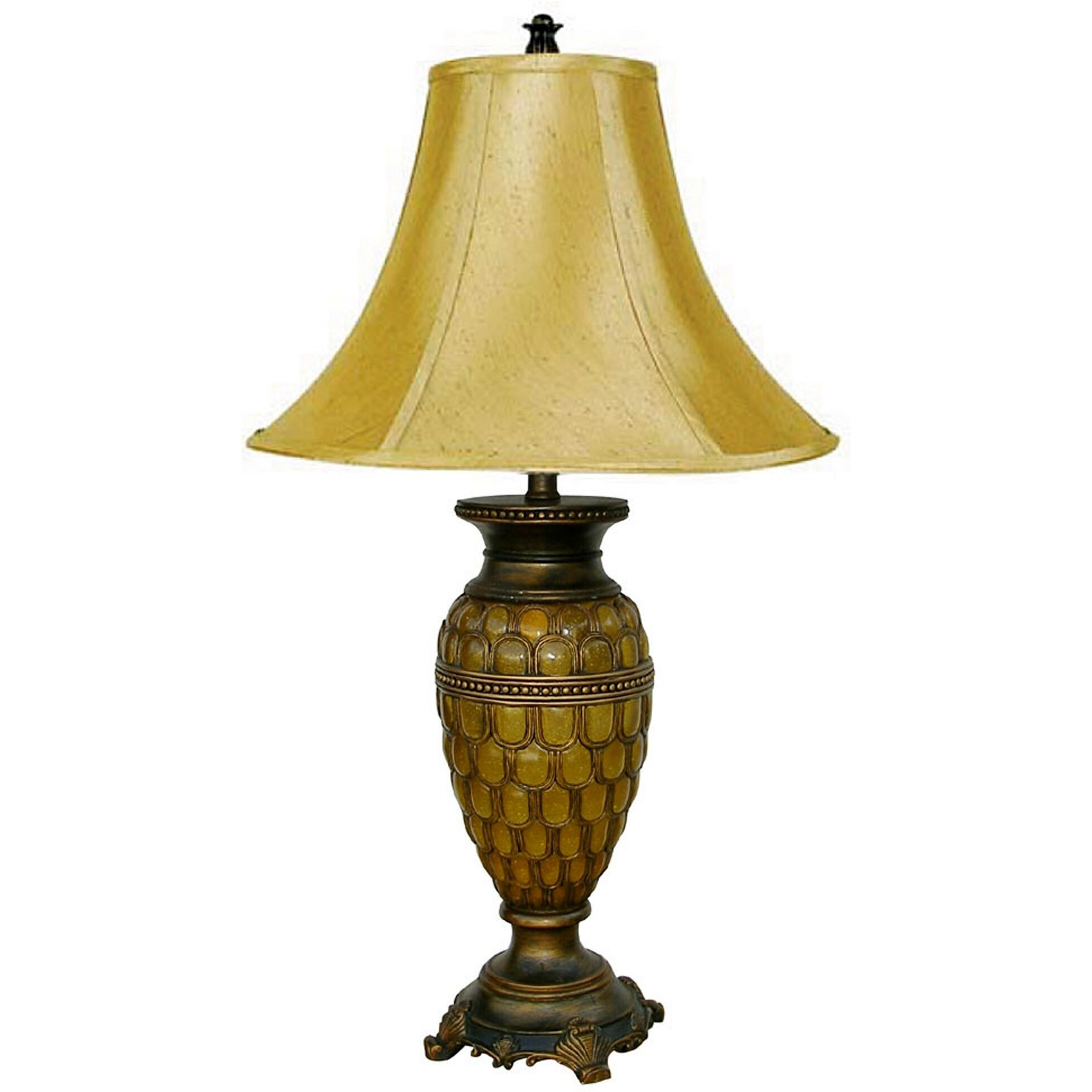 31"" Golden Brown Polyresin Urn Table Lamp With Night Light And Gold Bell Shade