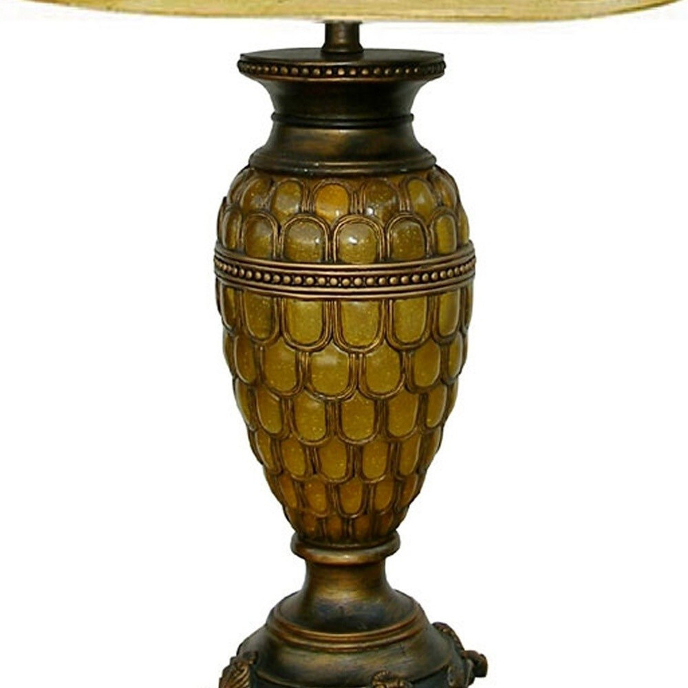31"" Golden Brown Polyresin Urn Table Lamp With Night Light And Gold Bell Shade