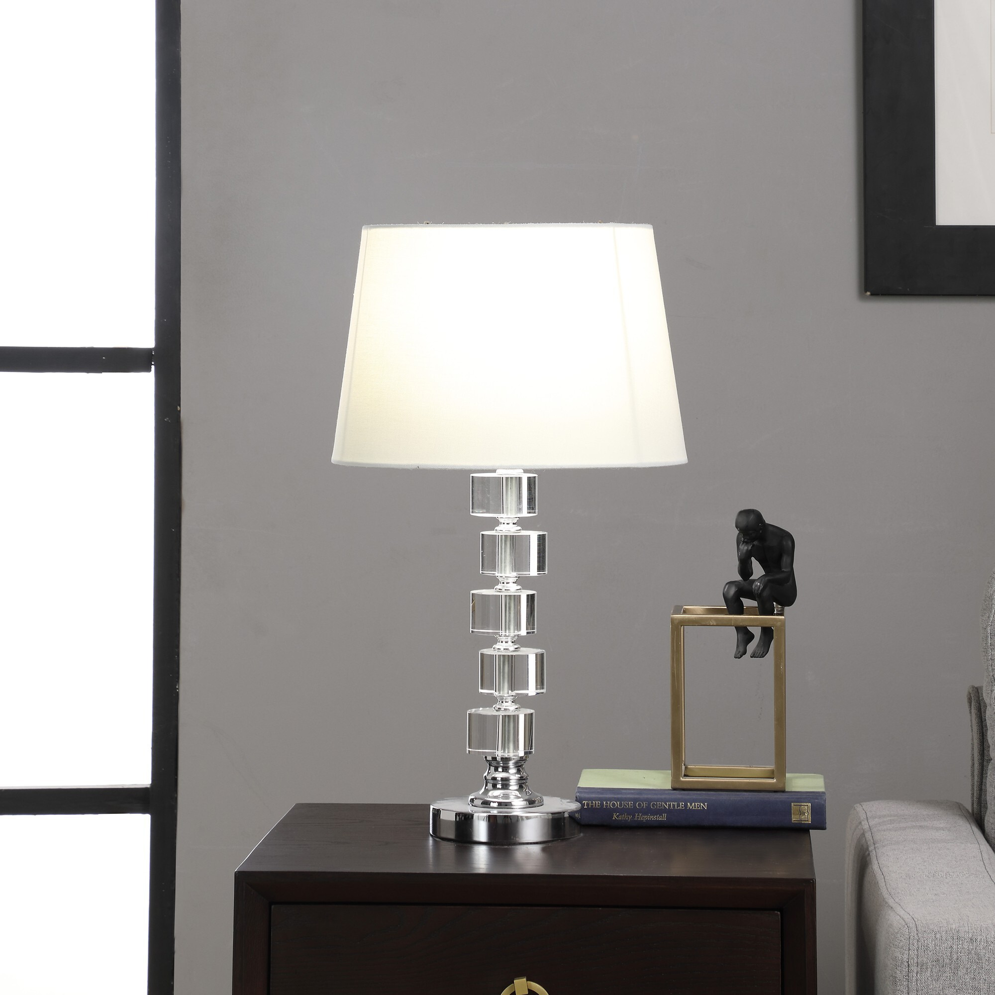 20"" Silver Crystal Stacked Geo Cubes Table Lamp With White Classic Empire Shade