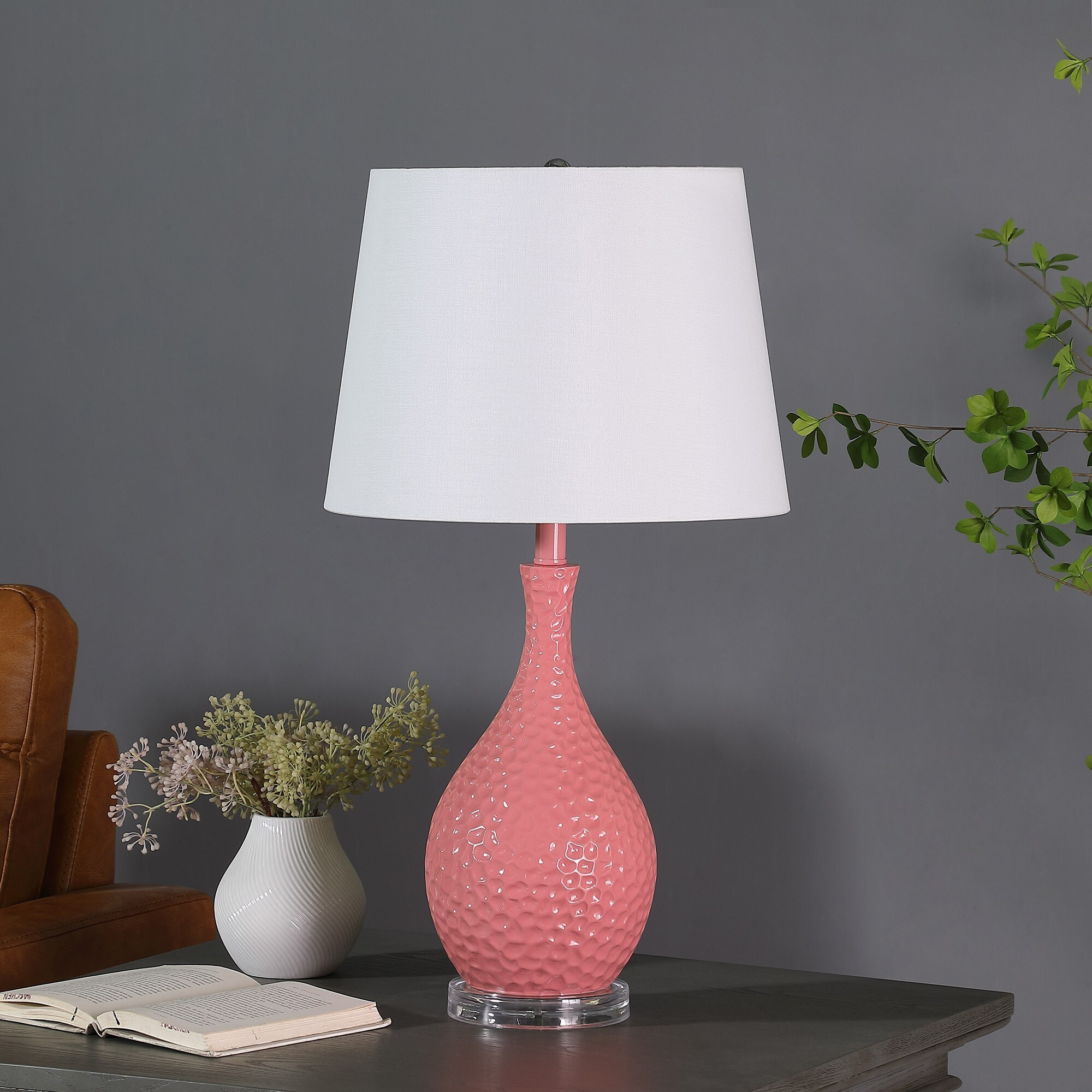 28"" Pink Hammered Urn Table Lamp With White Tapered Drum Shade