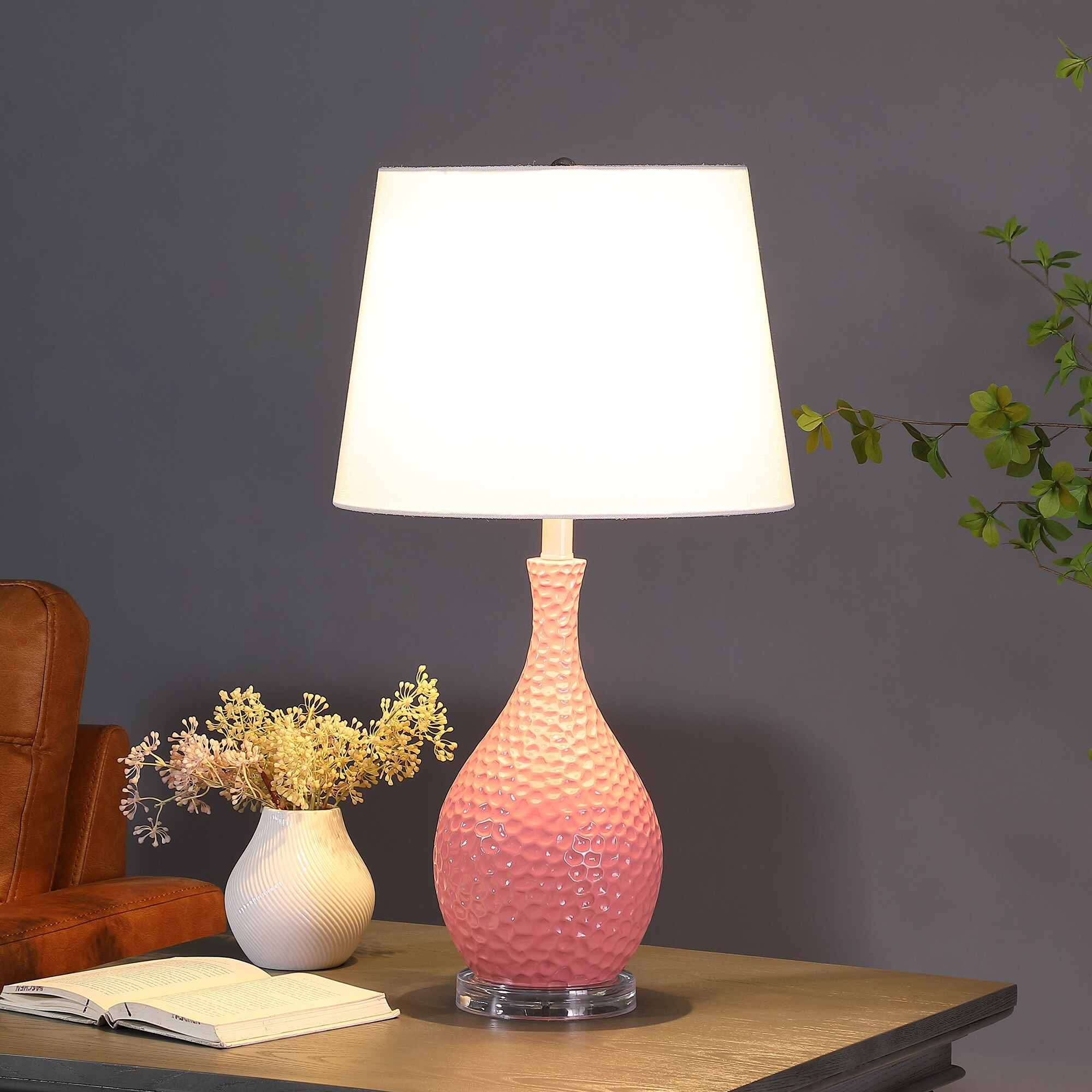 28"" Pink Hammered Urn Table Lamp With White Tapered Drum Shade