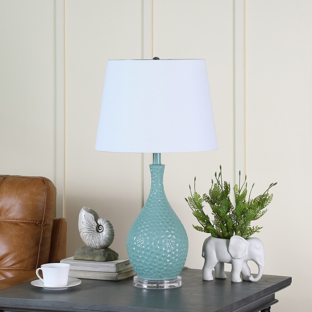 28"" Aqua Hammered Urn Table Lamp With White Tapered Drum Shade