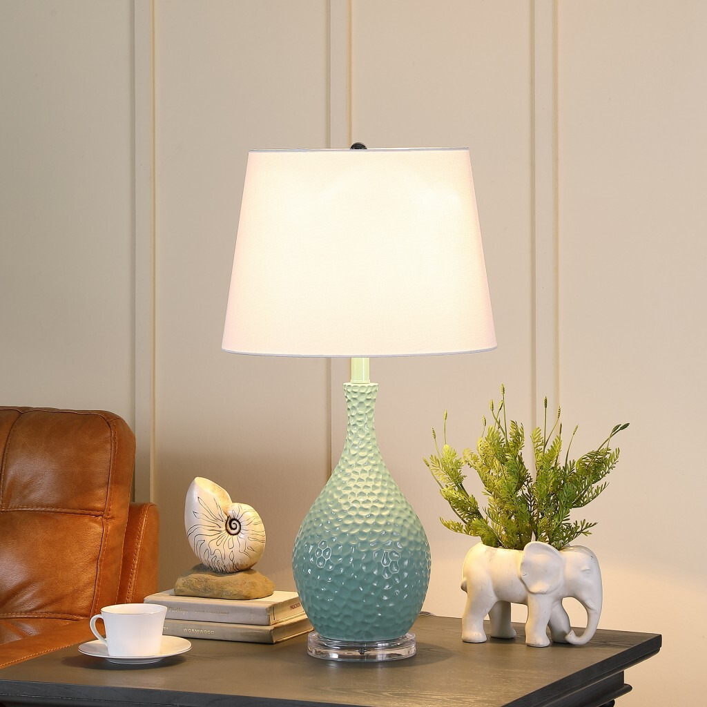 28"" Aqua Hammered Urn Table Lamp With White Tapered Drum Shade