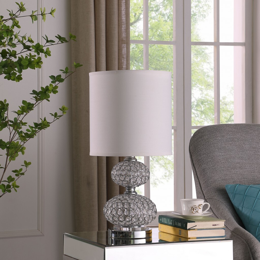 24"" Chrome And Faux Crystal Double Orb Table Lamp With White Classic Drum Shade