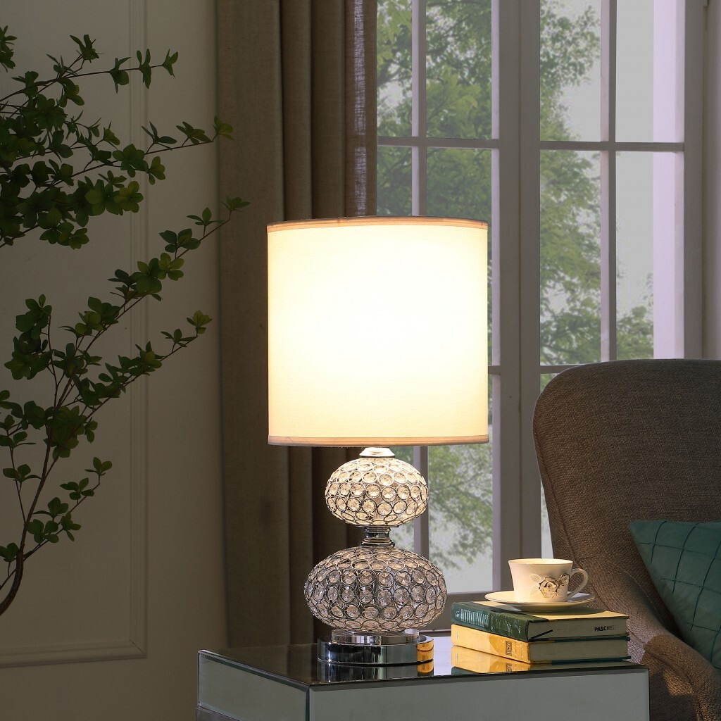24"" Chrome And Faux Crystal Double Orb Table Lamp With White Classic Drum Shade