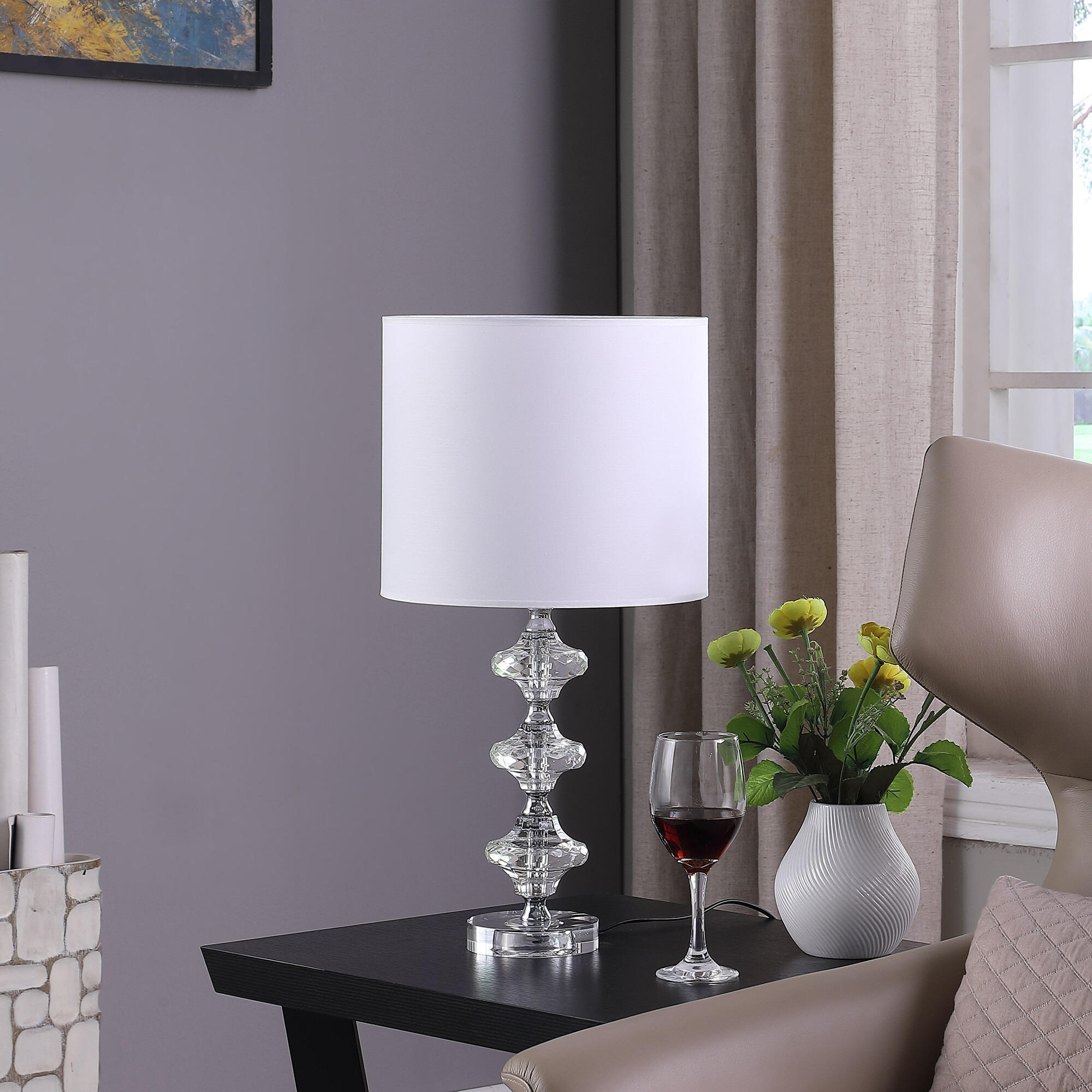 23"" Silver Crystal Geometric Table Lamp With White Classic Drum Shade