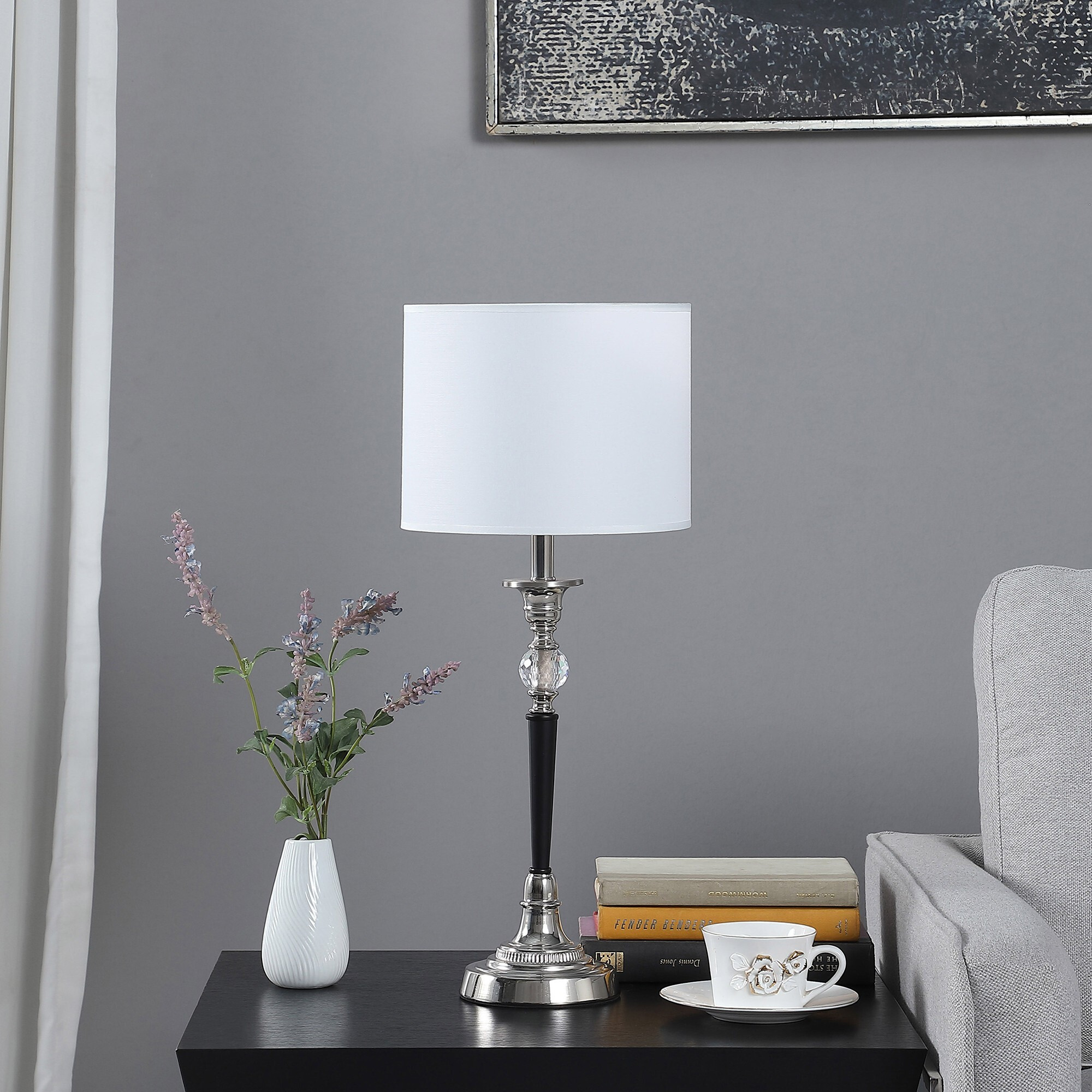 23"" Black Chrome And Crystal Table Lamp With White Drum Shade