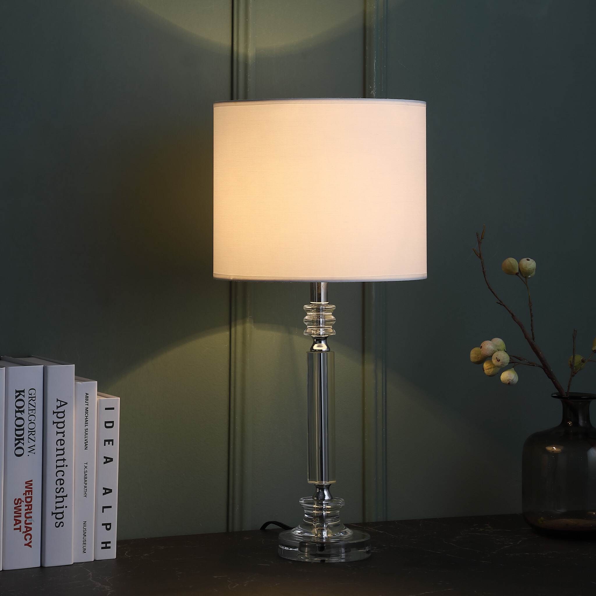 25"" Silver Crystal Column With White Drum Shade Table Lamp