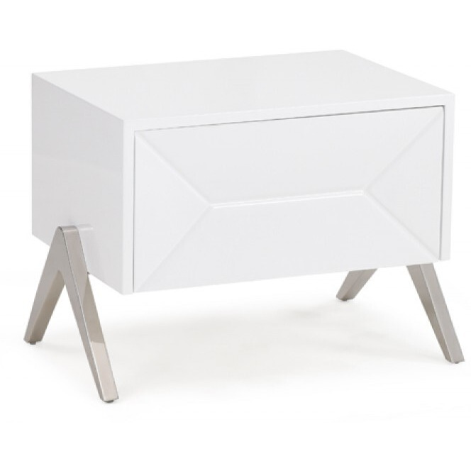 Modern Silky White Nightstand With One Drawer And Steel Legs