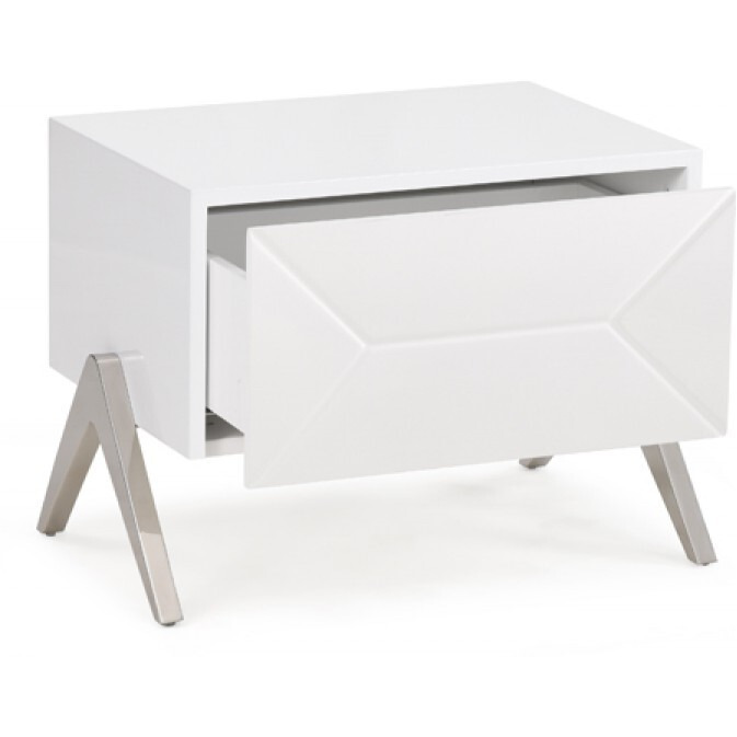 Modern Silky White Nightstand With One Drawer And Steel Legs