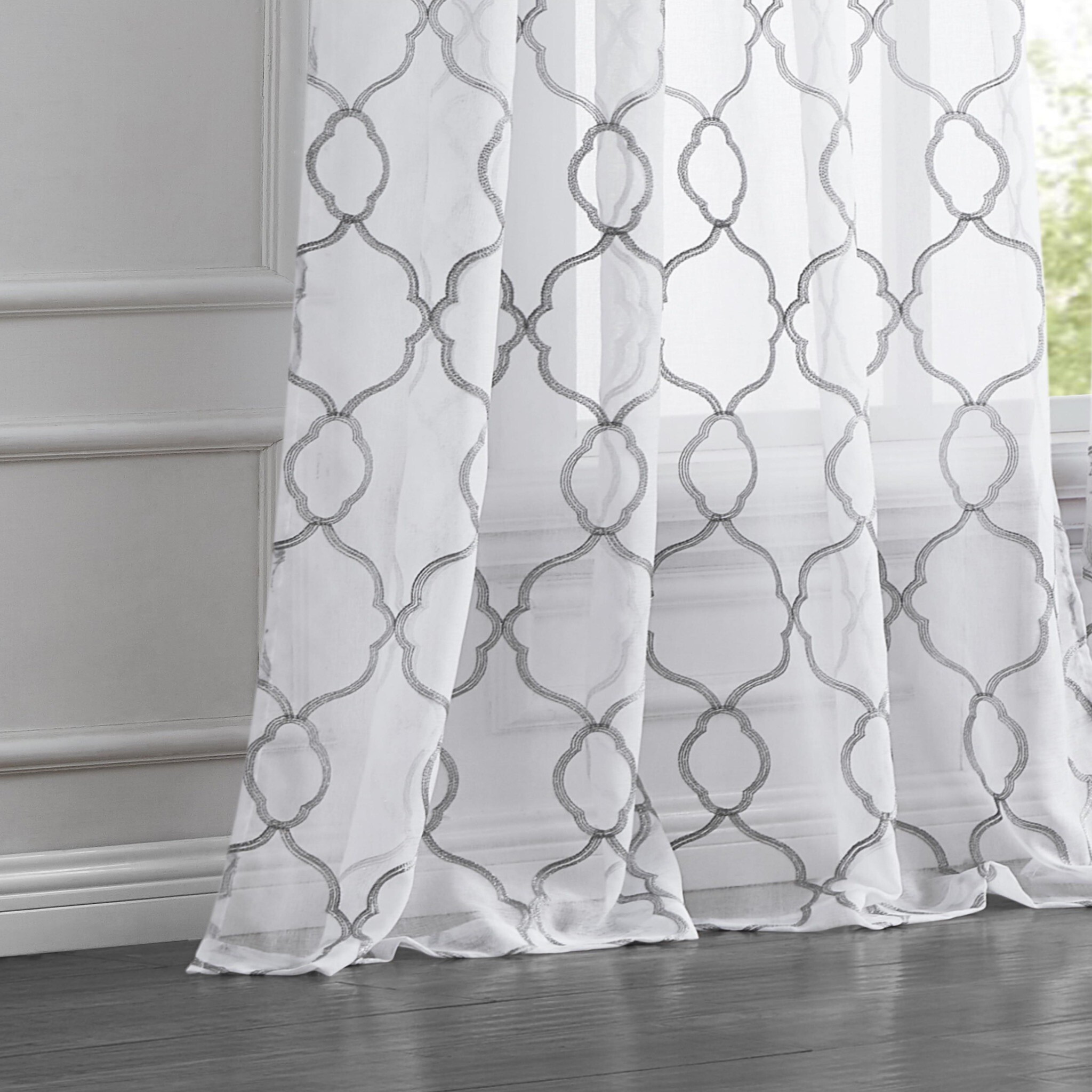 84 Silver Trellis Pattern Embroidered Window Curtain Panel
