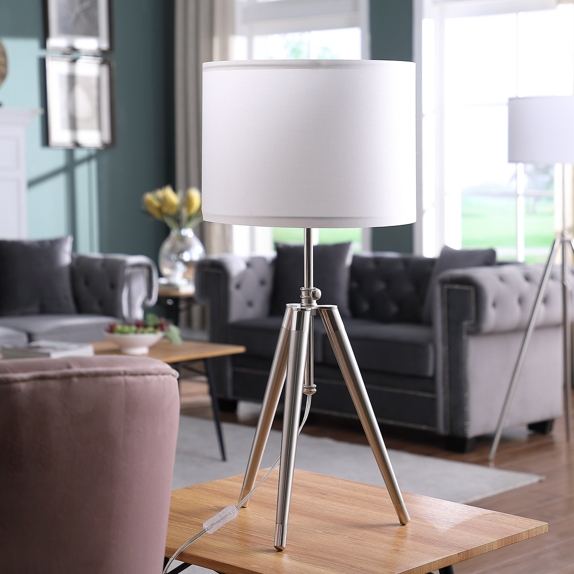 34"" Silver Metal Adjustable Tripod Table Lamp With White Round Shade