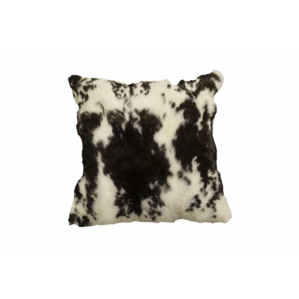 18"" X 18"" Black And White Rabbit Zippered Natural Fur Animal Print Throw Pillow