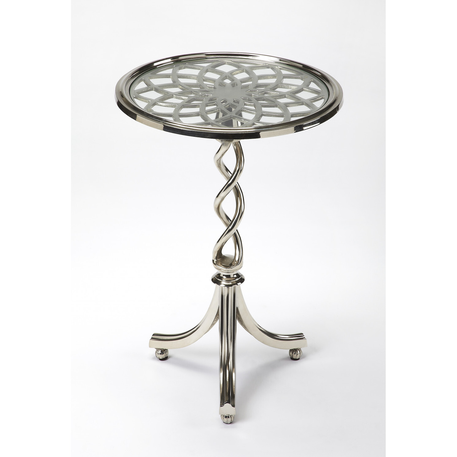 26"" Silver Aluminum Open Lattice Round Top End Table