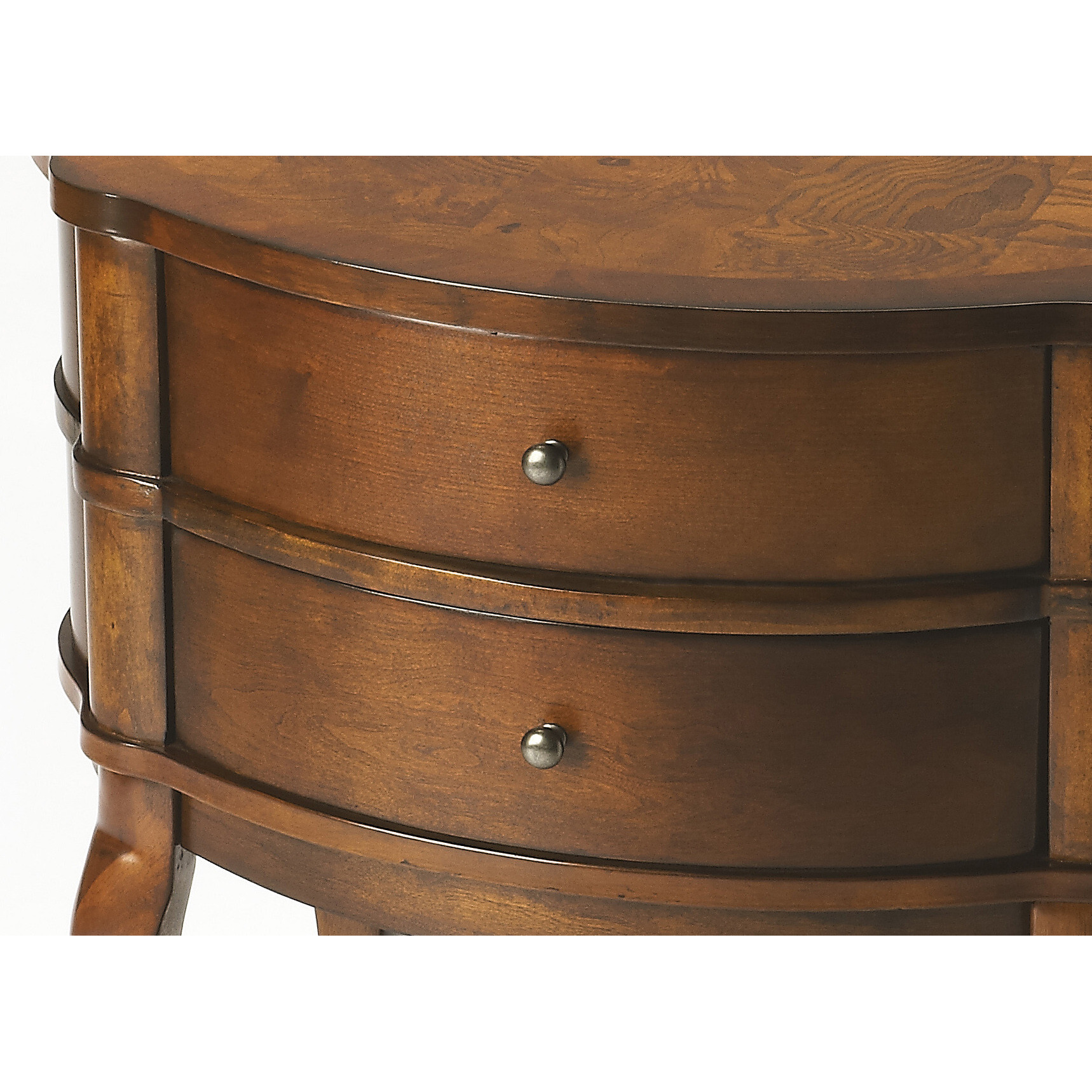 26"" Medium Brown And Umber Solid And Manufactured Wood Oval End Table With Two Drawers And Shelf