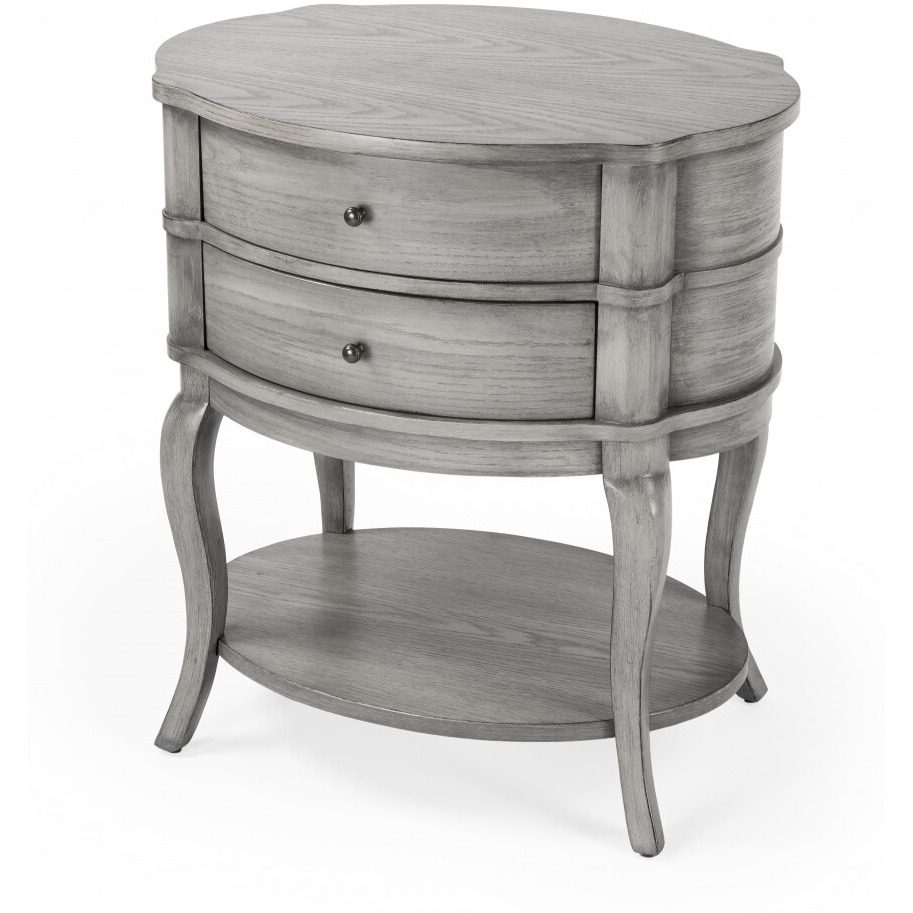 26"" Gray Wood Oval End Table With Two Drawers And Shelf