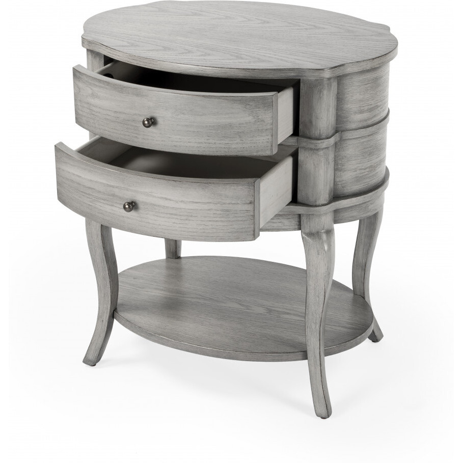 26"" Gray Wood Oval End Table With Two Drawers And Shelf