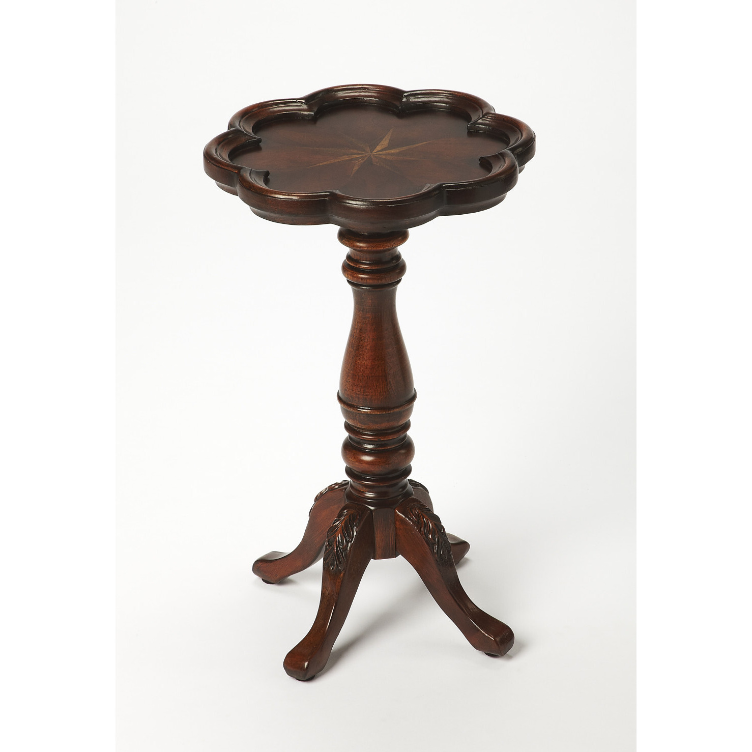 20"" Dark Brown And Cherry Wood Floral Top End Table
