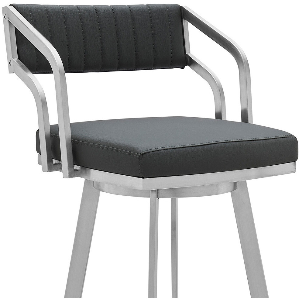 30"" Timeless Slate Grey Faux Leather Silver Finish Swivel Counter Stool