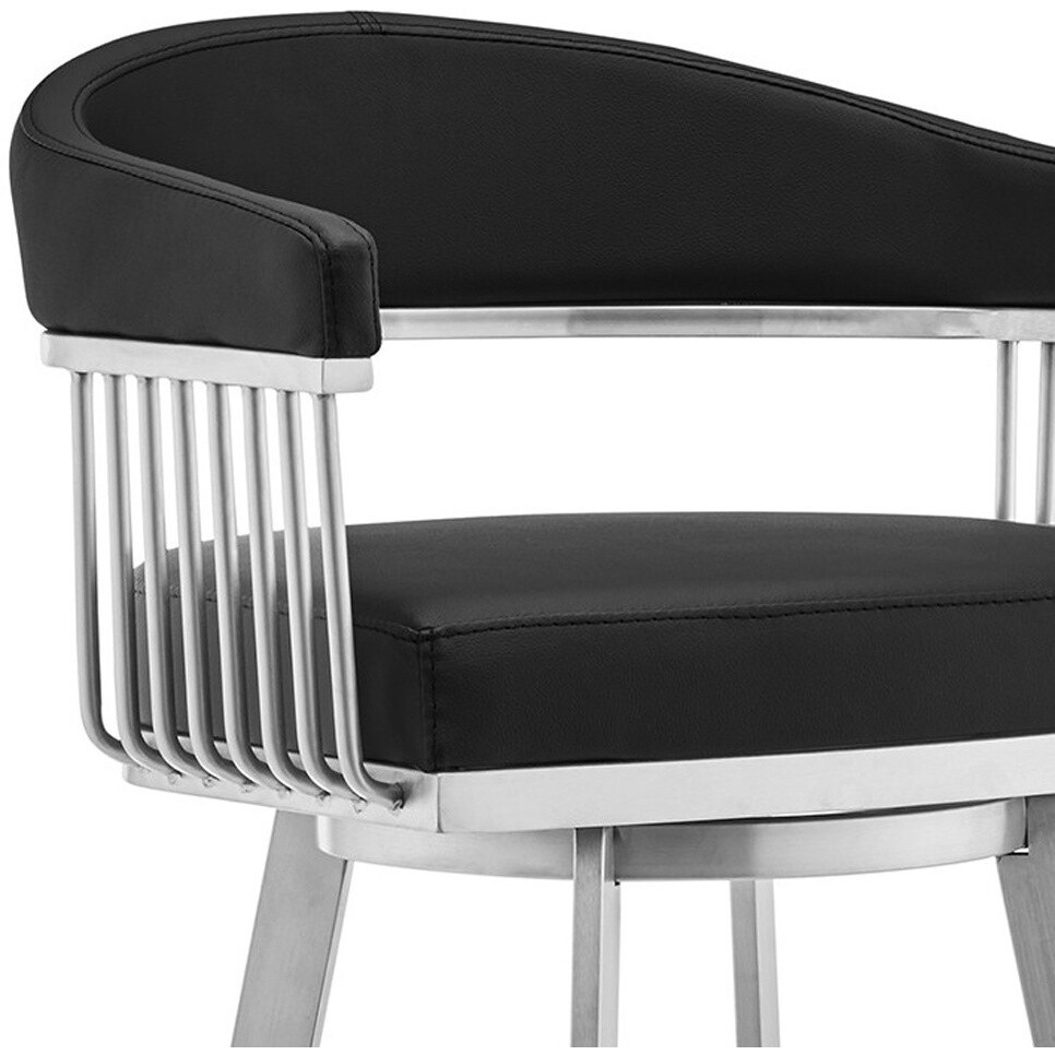 26"" Mod Black Faux Leather Brushed Silver Finish Swivel Bar Stool