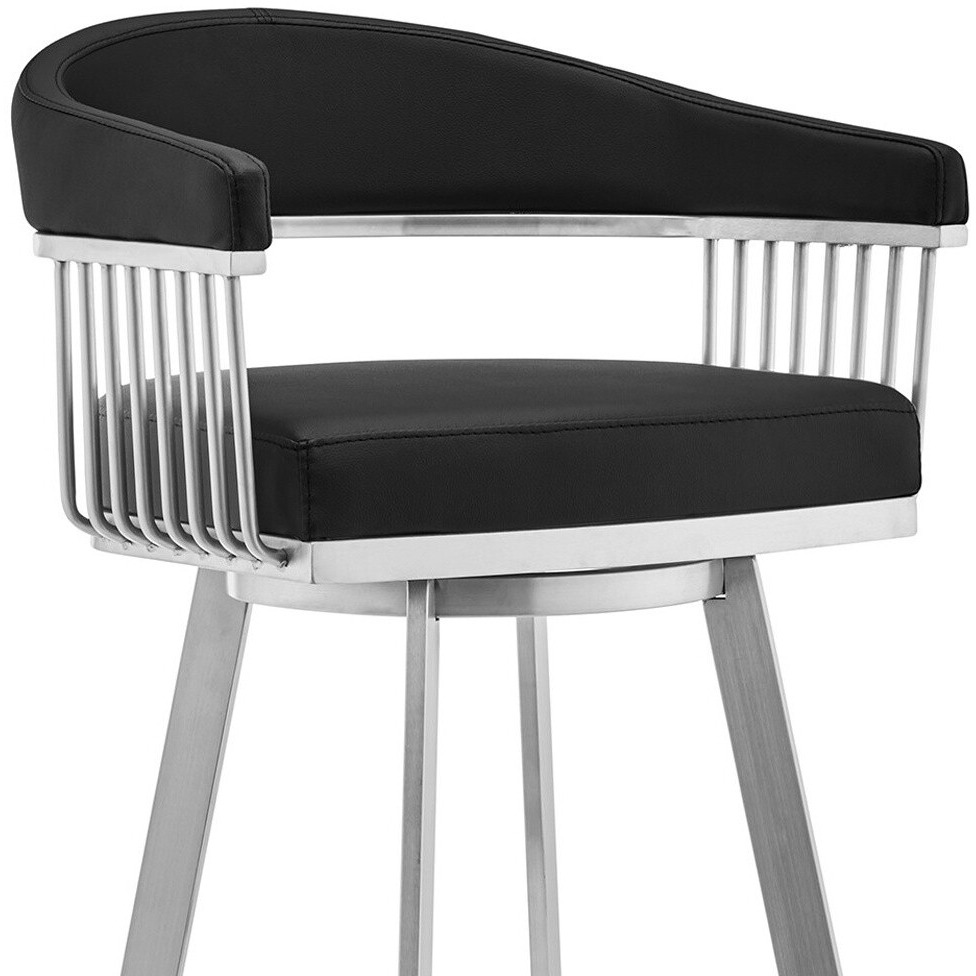 26"" Mod Black Faux Leather Brushed Silver Finish Swivel Bar Stool