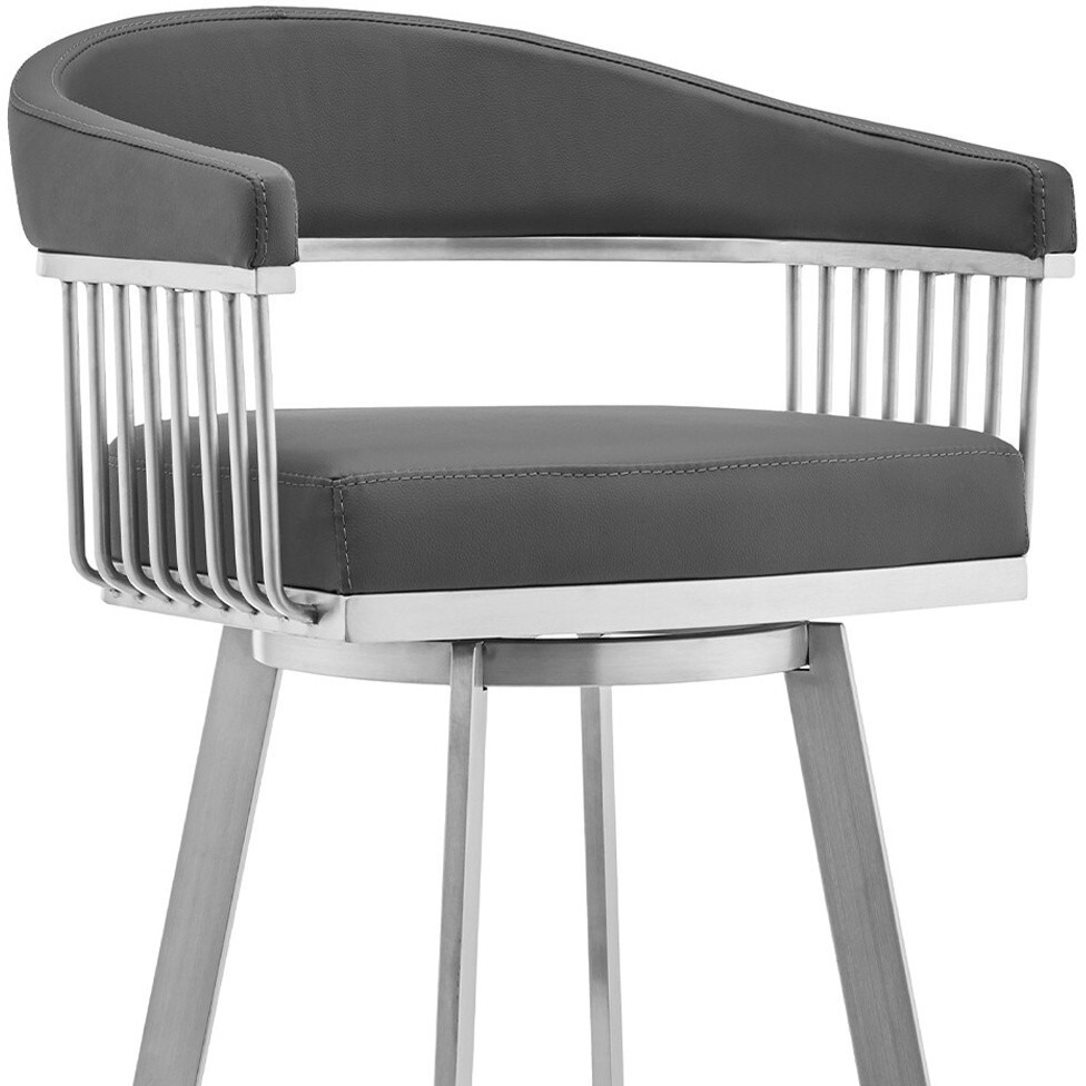 30"" Mod Grey Faux Leather Brushed Silver Finish Swivel Bar Stool