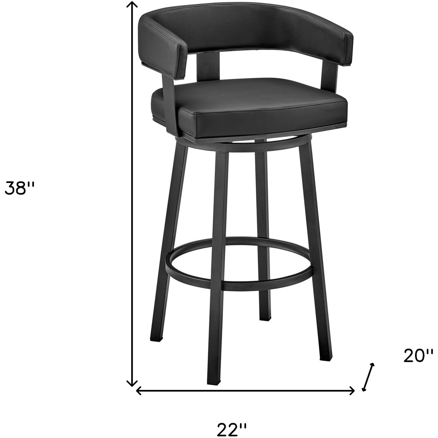 38"" Black Faux Leather And Iron Swivel Low Back Bar Height Chair
