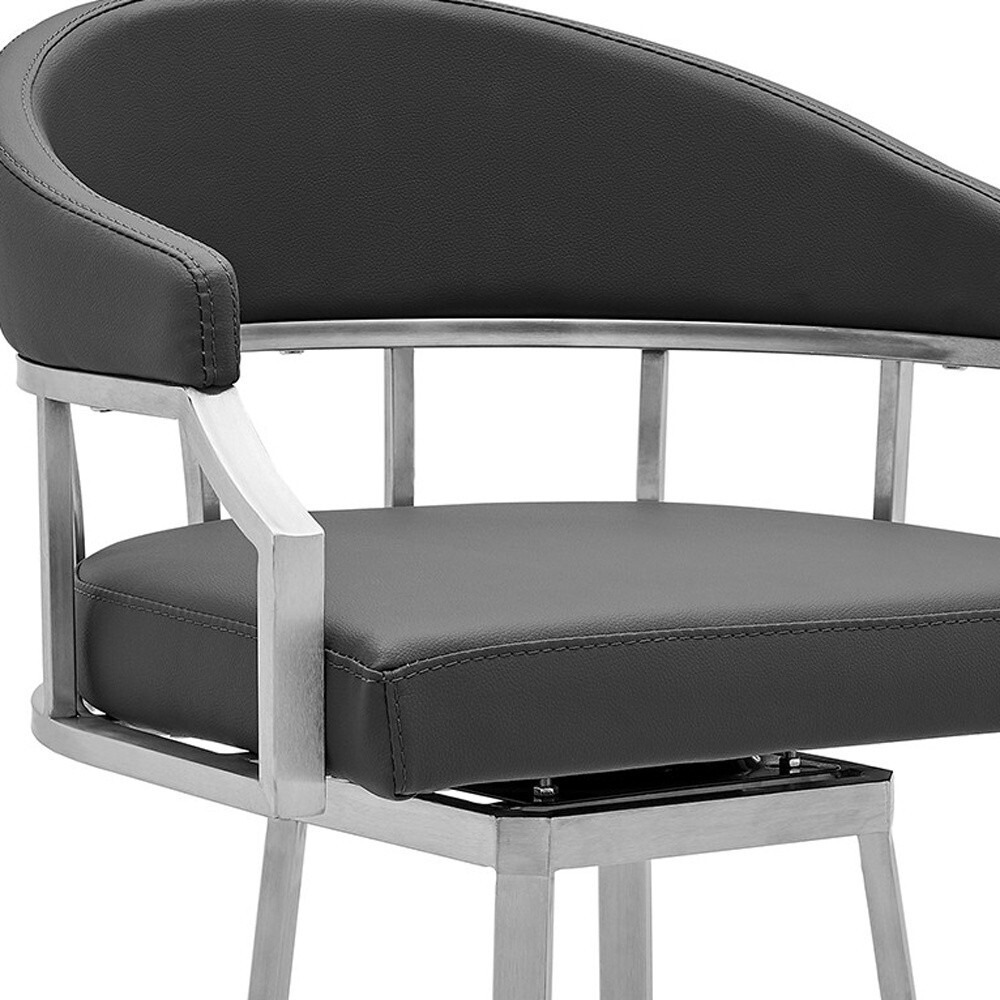40"" Gray Faux Leather And Iron Swivel Low Back Bar Height Chair