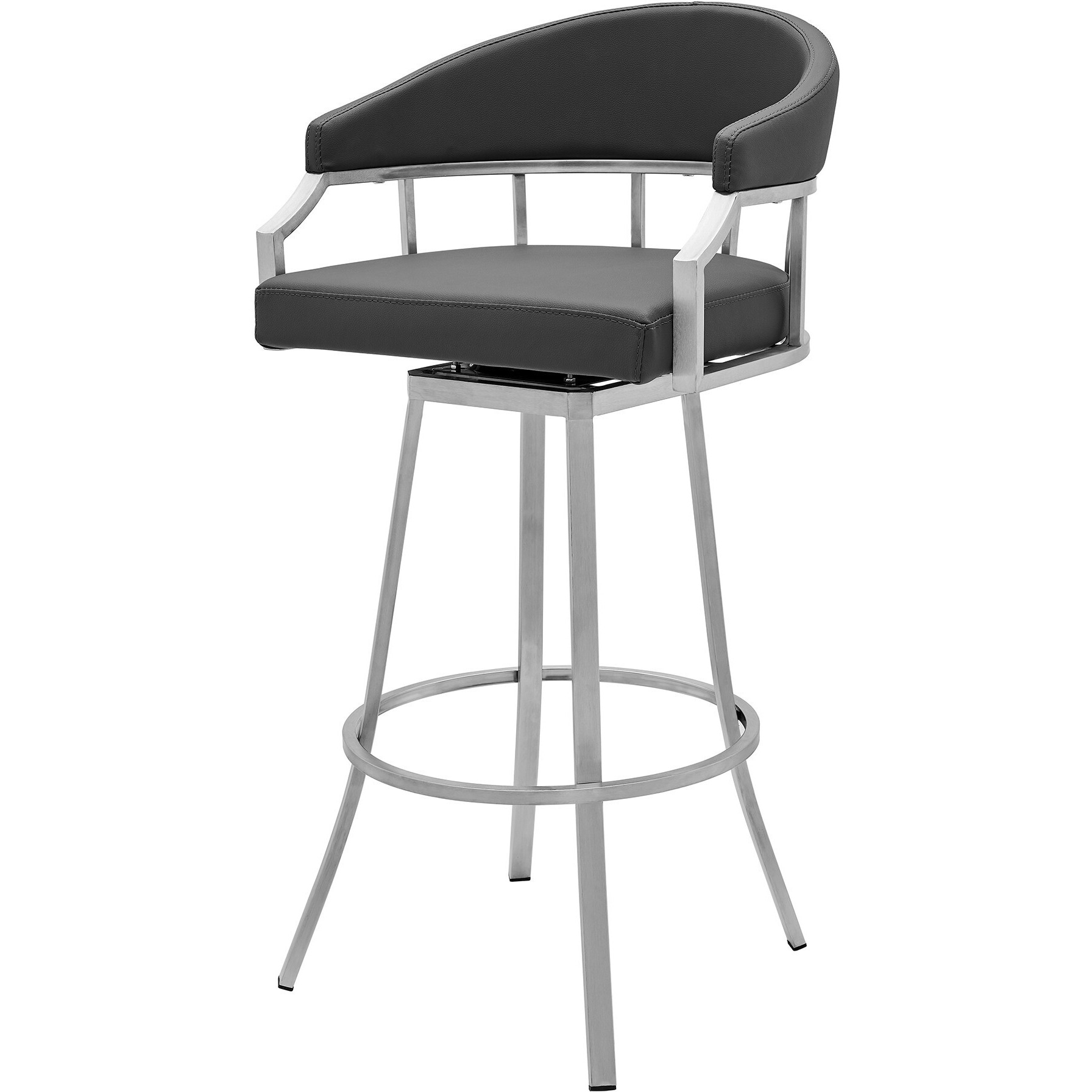 40"" Gray Faux Leather And Iron Swivel Low Back Bar Height Chair