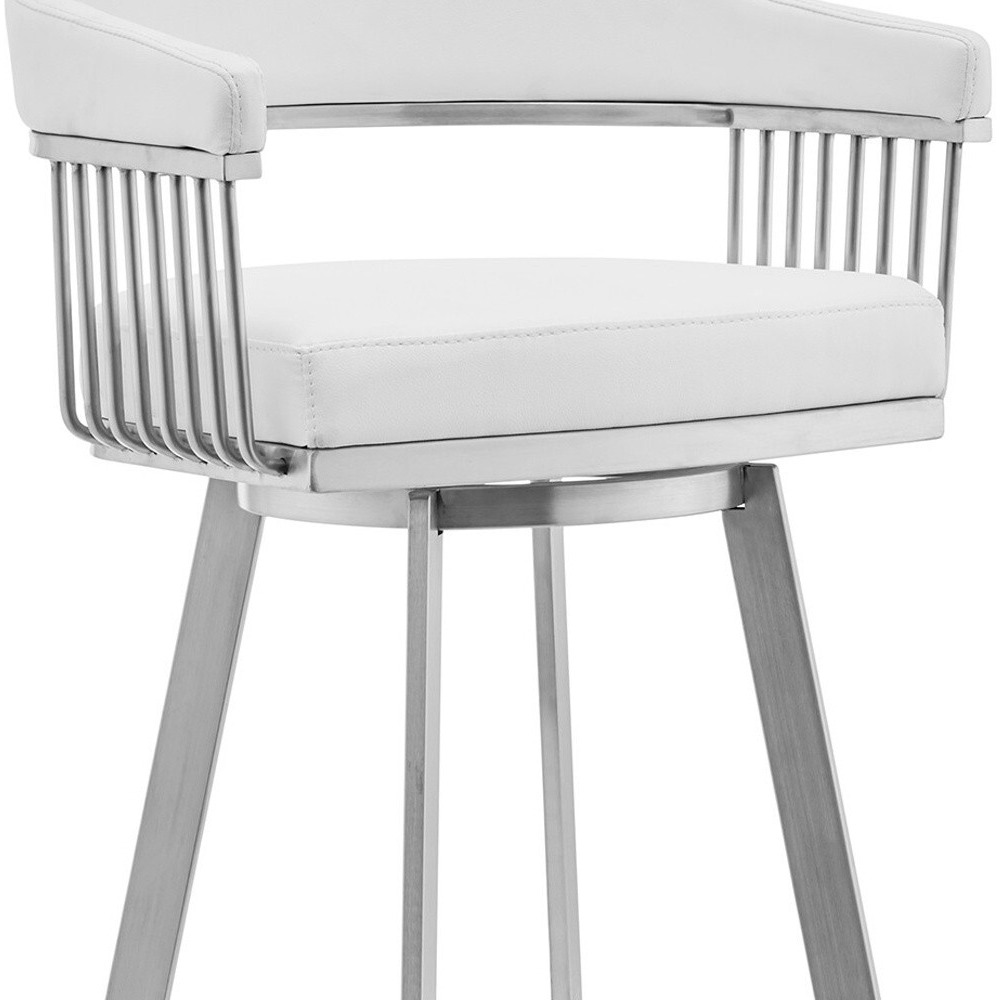 30"" Mod White Faux Leather Brushed Silver Finish Swivel Bar Stool