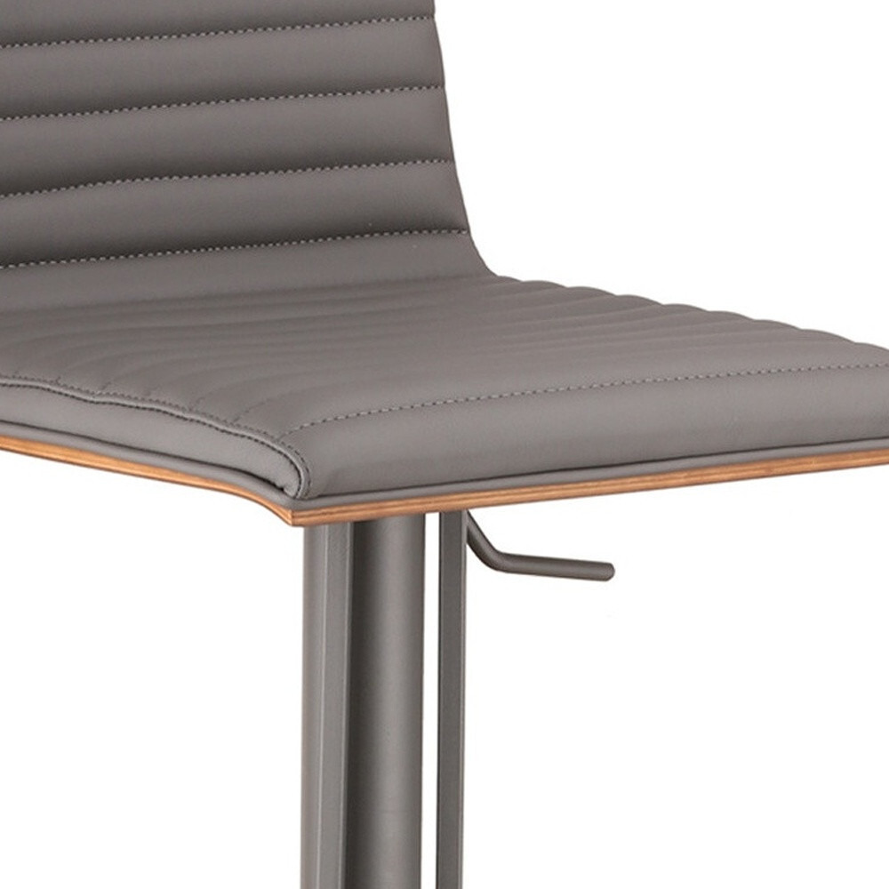 Grey Faux Leather Armless Swivel Bar Stool With Grey Metal Base