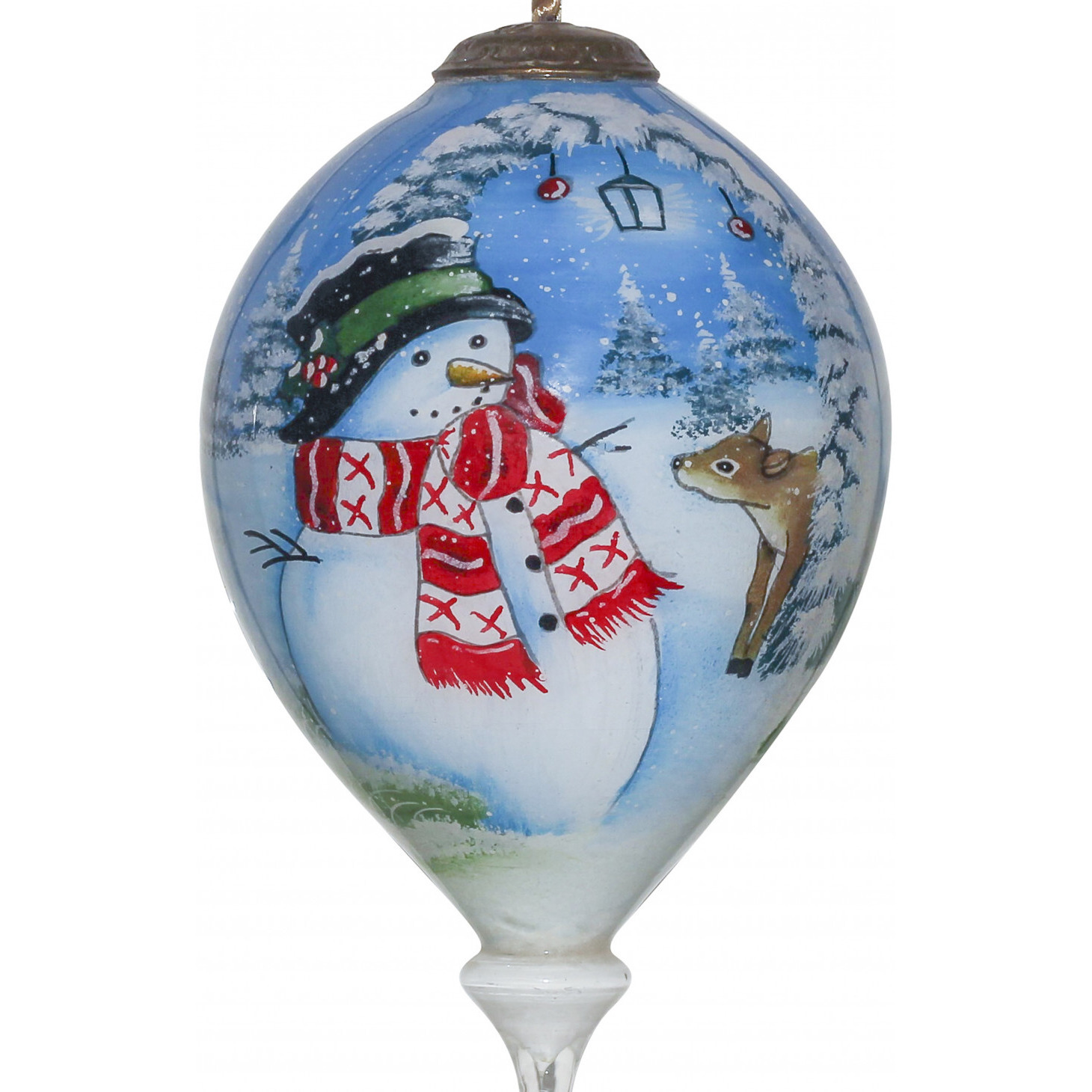 Adorable Snowman And Deer Hand Painted Mouth Blown Glass Ornament